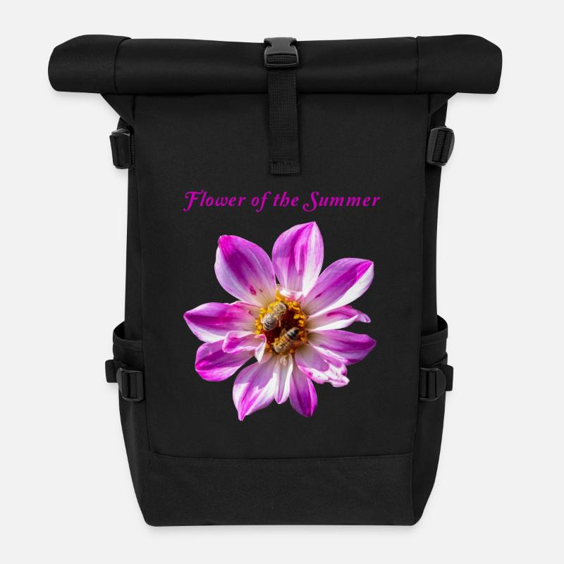 Fleur de Dahlia imperialis rose, Abeille, Naturel - Sac à dos roll top - noir