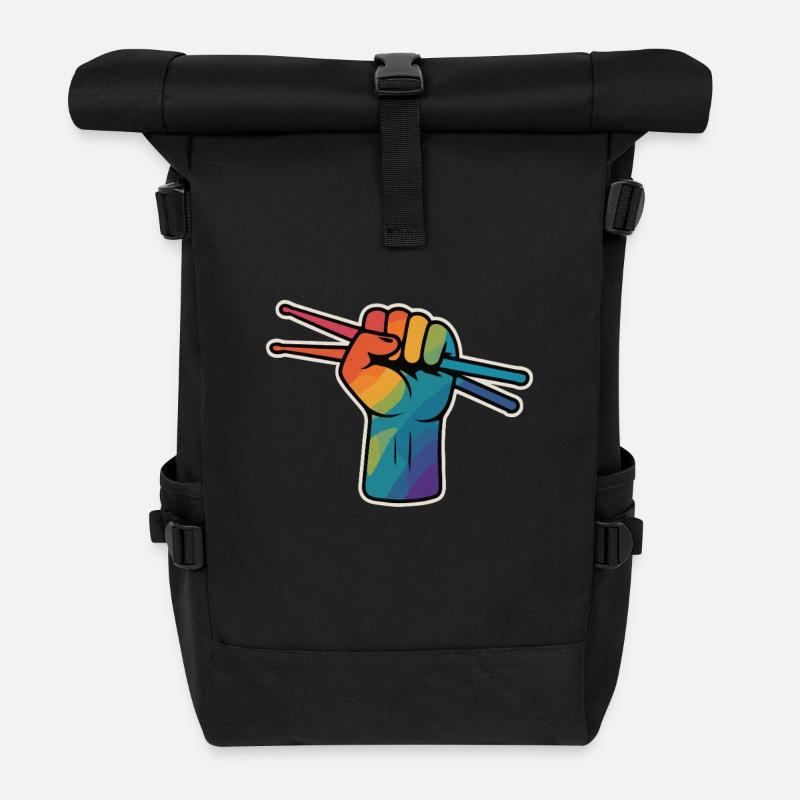 Drummer Power – Regenbogen Faust - Rolltop Rucksack - Schwarz