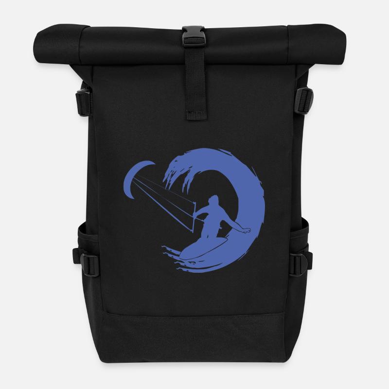 Kitesurfer Silhouette Giant Wave Adventure - Roll Top Backpack - black