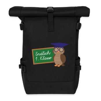 Endlich 1 Klasse Einschulung Schulanfang Schüler - Rolltop Rucksack - Schwarz - Vorne