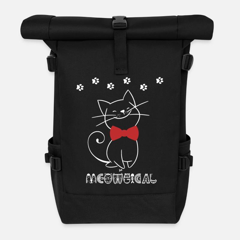 Illustration de chat ludique avec ruban rouge - Sac à dos roll top - noir