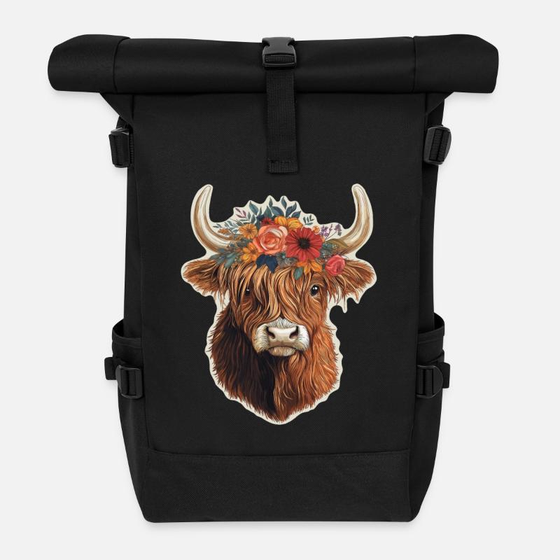 Hochlandrind mit Blumen - Rolltop Rucksack - Schwarz