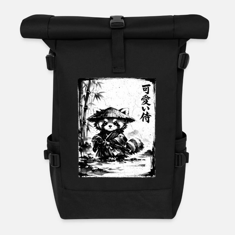 Samurai Roter Panda Sumi-e Tuschezeichnung - Rolltop Rucksack - Schwarz