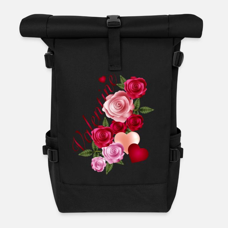 Rosengirlande mit Herzen im romantischer Stil - Rolltop Rucksack - Schwarz
