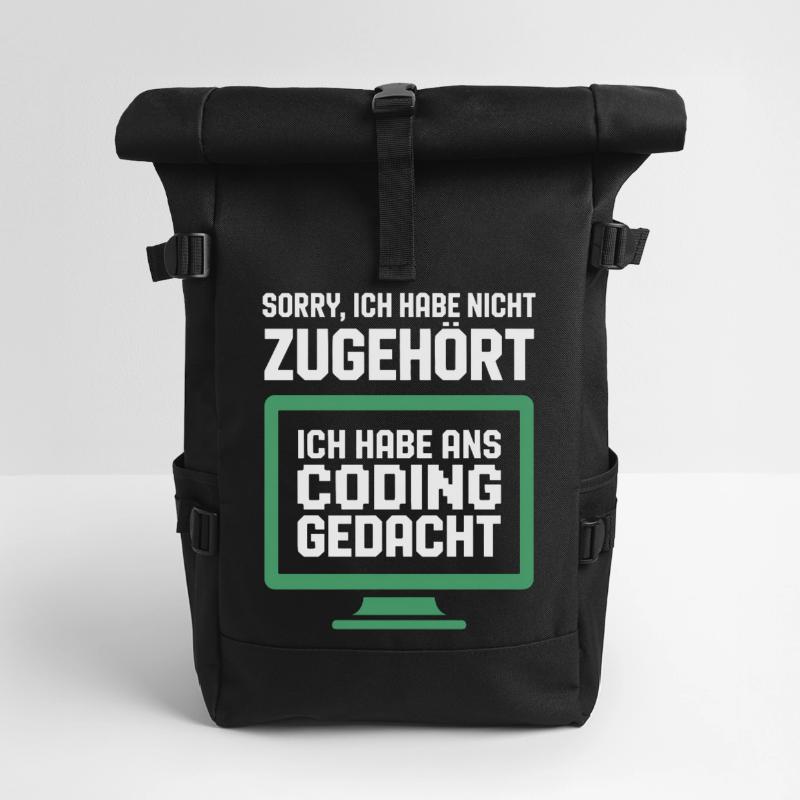 Coding Gedanke am Bildschirm Rolltop Rucksack