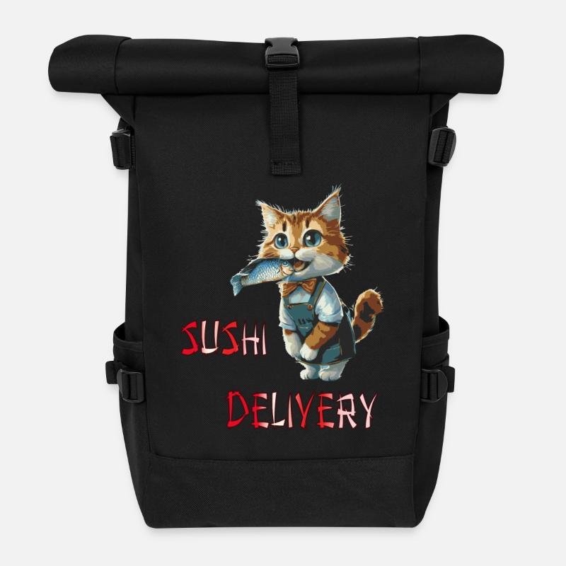 Katze mit Fisch im Mund - Rolltop Rucksack - Schwarz
