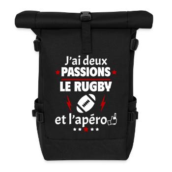 J'ai deux passions rugby apéro, fête des pères - Sac à dos roll top - noir - Devant