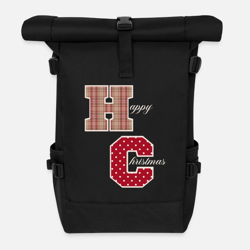 "Happy Christmas" letters with Christmas pattern - Roll Top Backpack - black