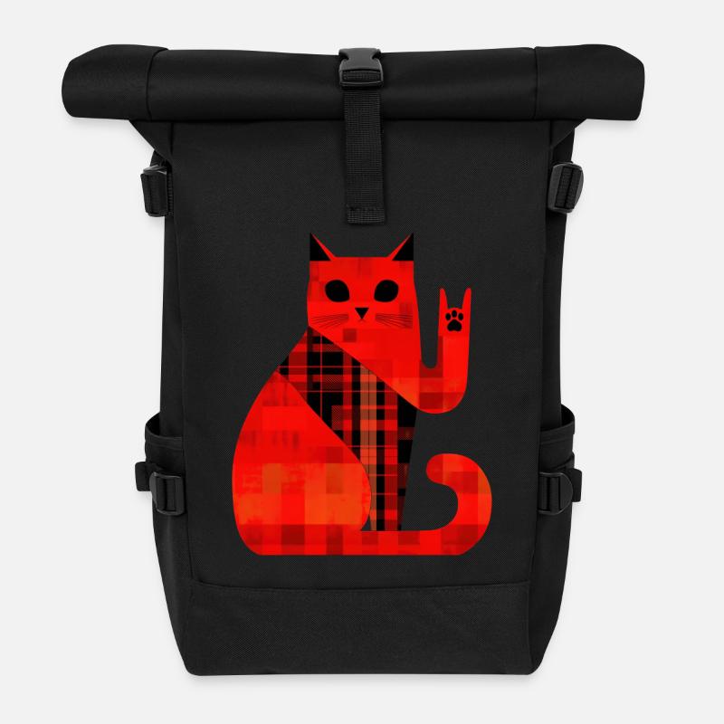 Rote Katze Karo Muster Modern - Rolltop Rucksack - Schwarz