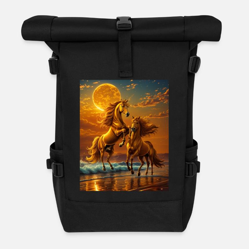 Moonlight hooves at the evening sea - Roll Top Backpack - black