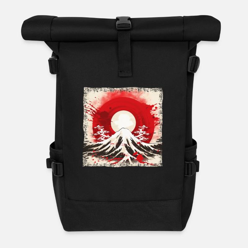 Montagnes de Kyoto : drapeau, volcan et lune de sang - Sac à dos roll top - noir
