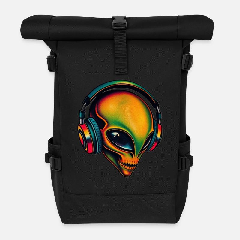 Mehrfarbiger Alien-Kopf - Rolltop Rucksack - Schwarz