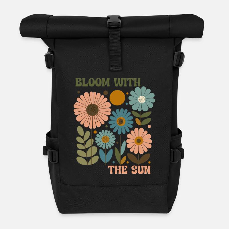 Boho Blumen Shirt – Bloom with the Sun Sommer - Rolltop Rucksack - Schwarz