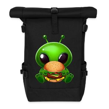alien green big eyes fast food hamburger - Roll Top Backpack - black - Front