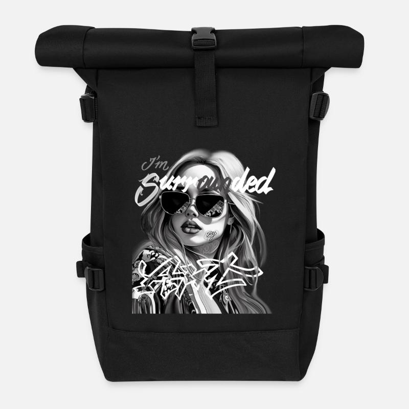 Me Surrounded by Graffiti Black and White - Roll Top Backpack - black
