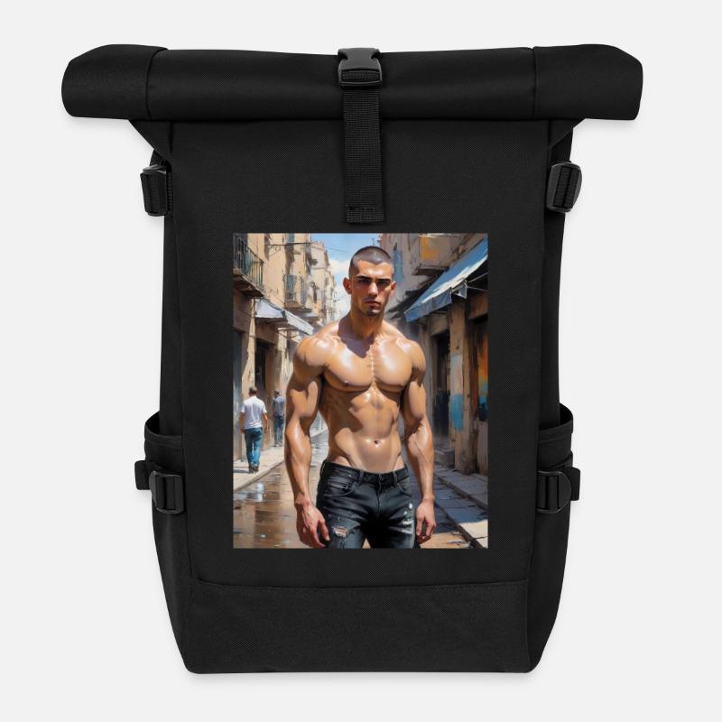 Handsome Men with muscular body – young guy - Roll Top Backpack - black