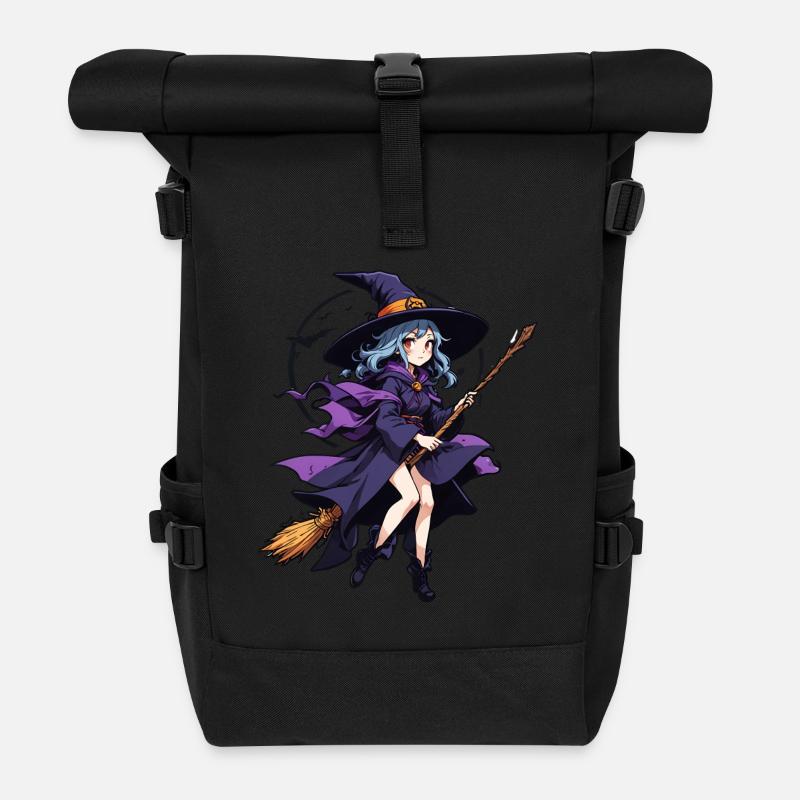 Mignonne sorcière avec balai et chauves-souris - Sac à dos roll top - noir