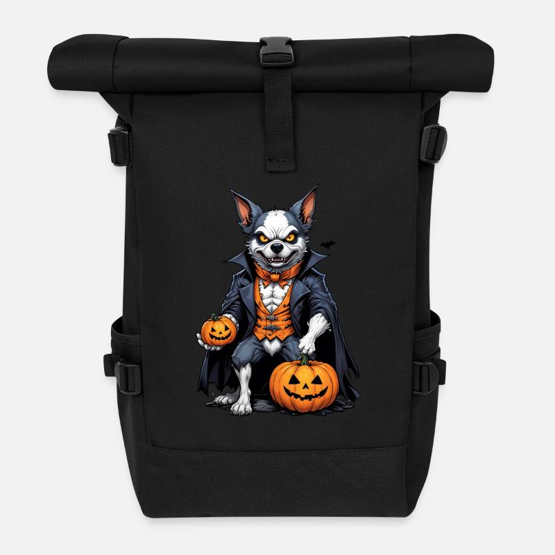 Halloween Dog with Pumpkin Vampire Costume - Roll Top Backpack - black