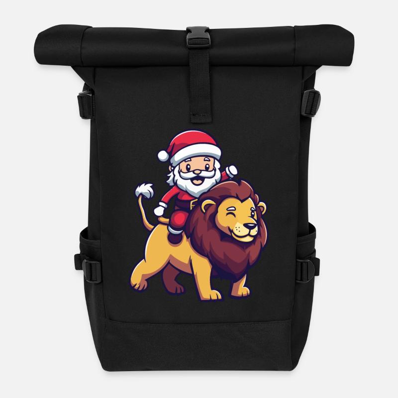 Lion Santa Claus Cartoon - Roll Top Backpack - black