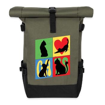Katze Kätzchen Kater Silhouette Herz Bunt Kunst - Rolltop Rucksack - Olive/Schwarz - Vorne