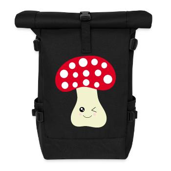Kawaii Mushroom Toadstool cute red with face - Roll Top Backpack - black - Front