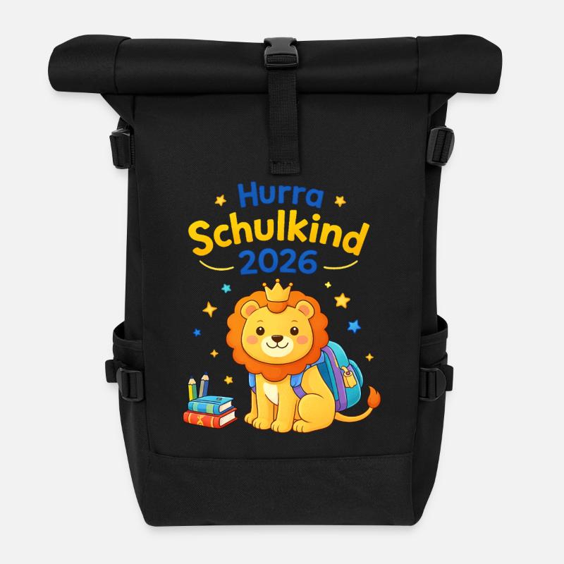 Hurra Schulkind 2026 - Löwe mit Krone - Rolltop Rucksack - Schwarz