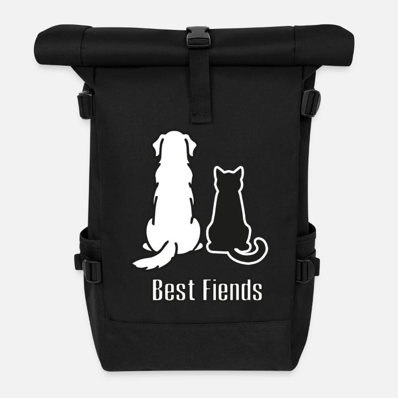 Hund & Katze - "Best Fiends" Design - Rolltop Rucksack - Schwarz