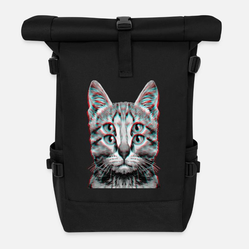 Glitch Seltsame Katze Kätzchen Optische Täuschung - Rolltop Rucksack - Schwarz
