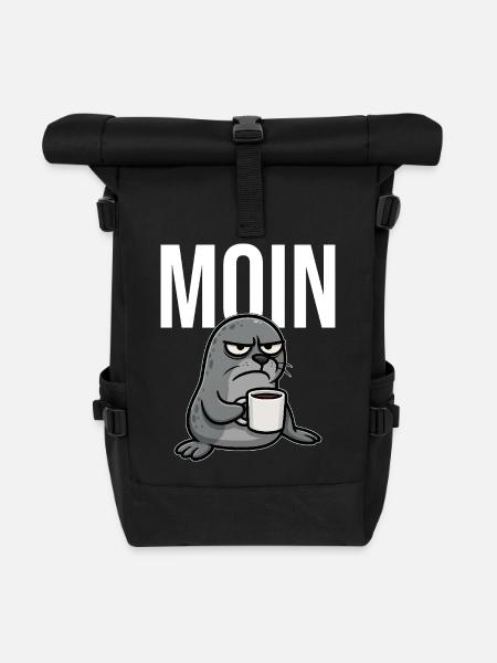 MOIN – Grummelnder Seehund mit Kaffee | Morgenmuff - Rolltop Rucksack - Schwarz