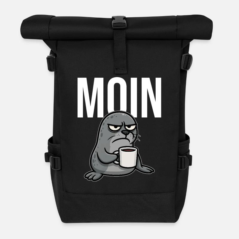MOIN – Grummelnder Seehund mit Kaffee | Morgenmuff - Rolltop Rucksack - Schwarz