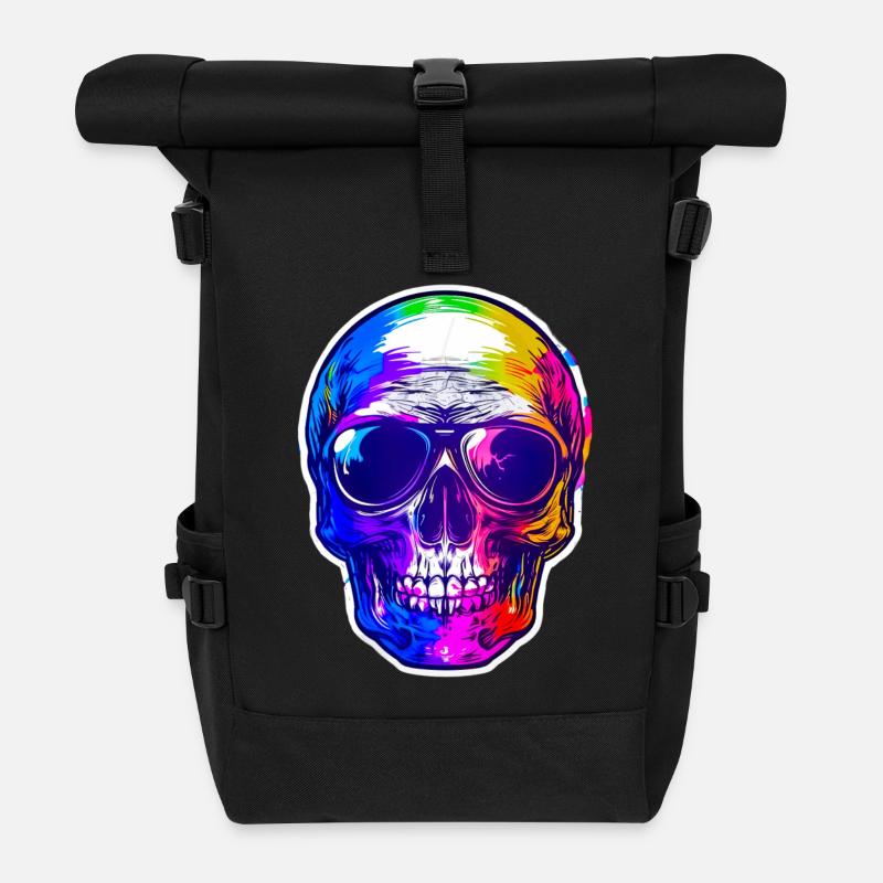 Regenbogen Totenkopf mit Sonnenbrille - Rolltop Rucksack - Schwarz