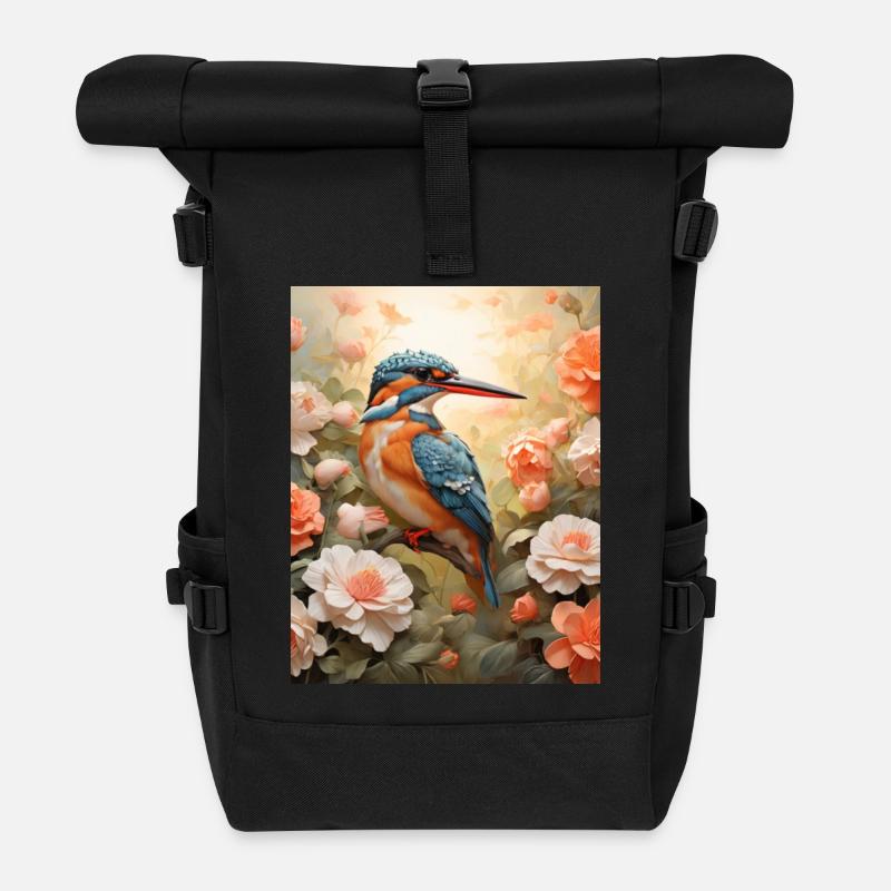 Kingfisher in a sea of flowers - Roll Top Backpack - black