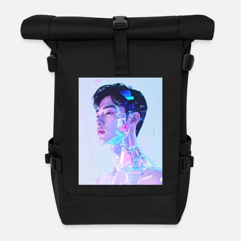 Holographic Neon Portrait - Roll Top Backpack - black