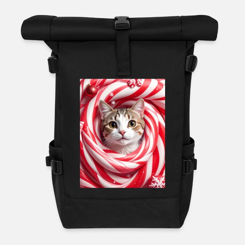 Christmas cat in Peppermint candy - Roll Top Backpack - black