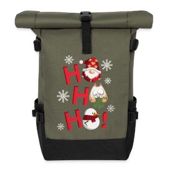 Santa Ho Ho Ho Ho Katze und Schneemann - Rolltop Rucksack - Olive/Schwarz - Vorne