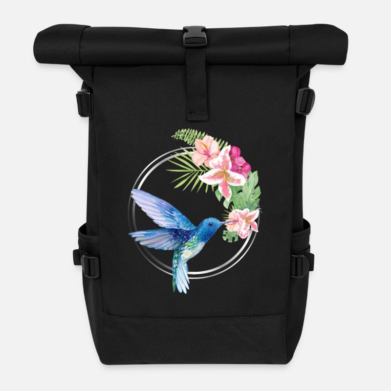 Azure Hummingbird Floral Circle - Rolltop Rucksack - Schwarz
