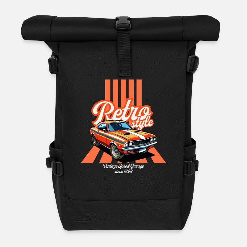 Retro-Auto und Vintage-Flair - Rolltop Rucksack - Schwarz