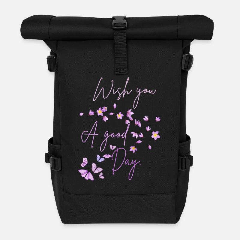 Wish You A Good Day Floral - Roll Top Backpack - black