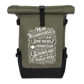 New Year's Resolutions Humor: Sports & Chocolate - Roll Top Backpack - olive/black - Front