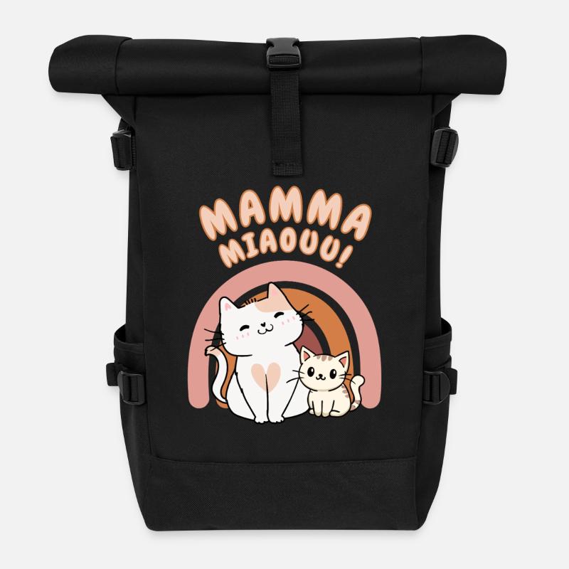 Mamma Meow - Mama Cat and Her Kitten - Roll Top Backpack - black
