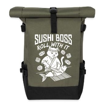 Sushi Cat – Roll With It Cat - Roll Top Backpack - olive/black - Front