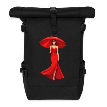 Stilvolle Frau im roten Kleid mit Regenschirm - Rolltop Rucksack - Schwarz - Vorne