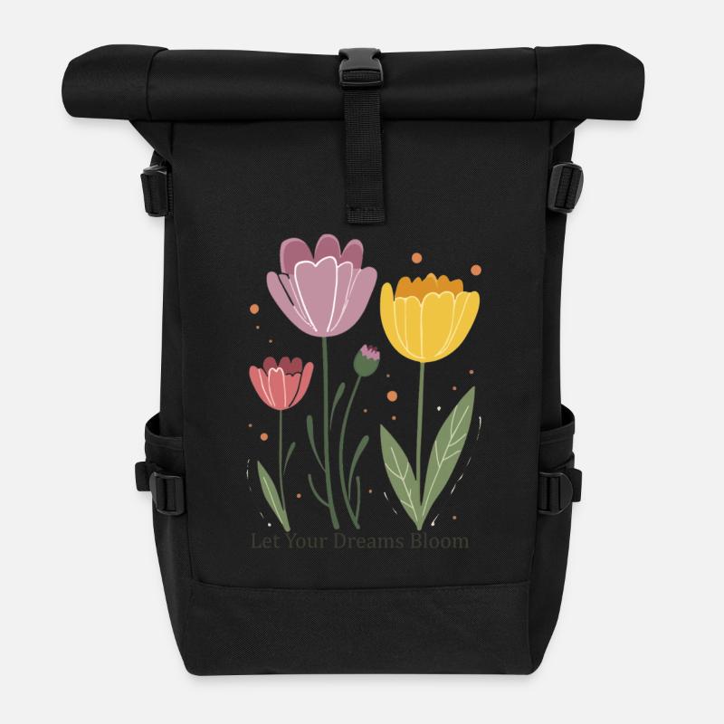 Vintage- trifft modernes Design – Stilvolle Blumen - Rolltop Rucksack - Schwarz