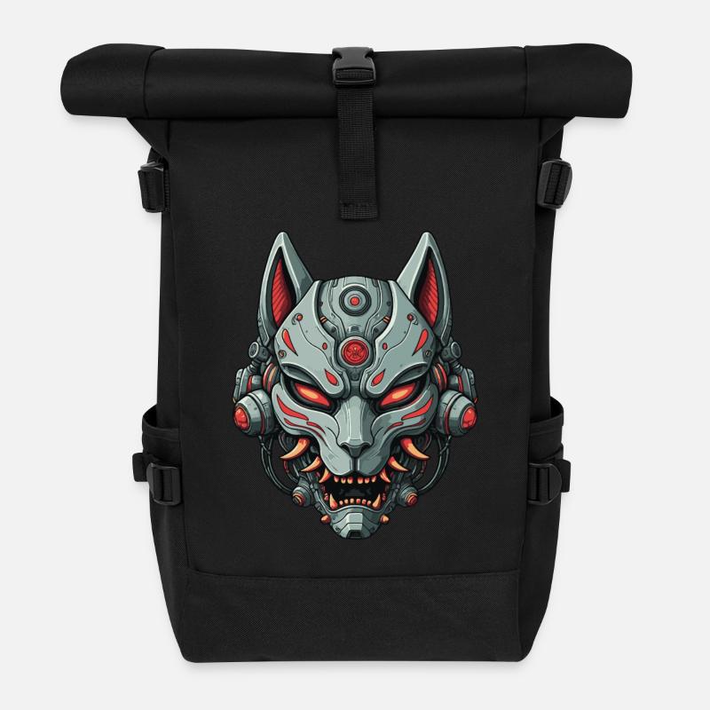 Kitsune Cyberpunk Mask Mecha Robot Warrior - Roll Top Backpack - black