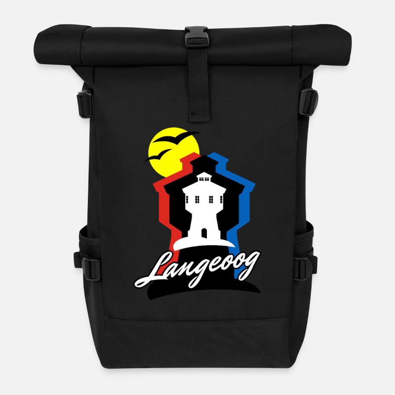 Langeoog Style mit Wasserturm - Rolltop Rucksack - Schwarz