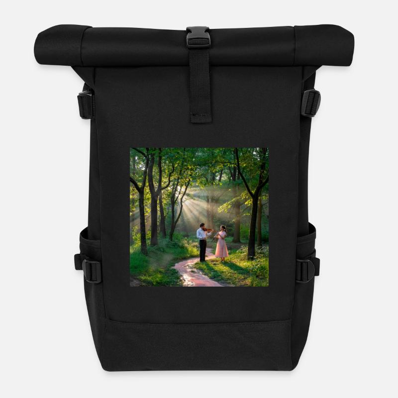 Two musicians playing violin and clarinet in the forest - Roll Top Backpack - black