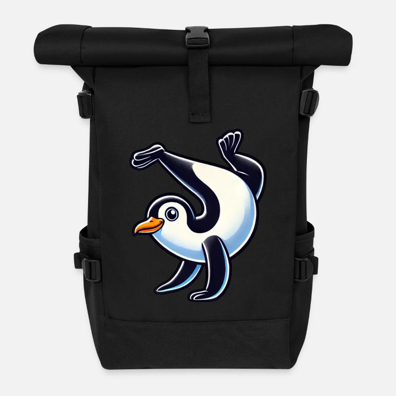 Penguin Handstand Cute Comic Gymnastics - Roll Top Backpack - black