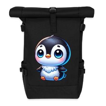 Süßer Chibi Pinguin Cartoon mit blauen Augen - Rolltop Rucksack - Schwarz - Vorne