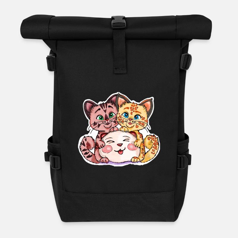 Zwei Kätzchen mit Stofftier - Rolltop Rucksack - Schwarz