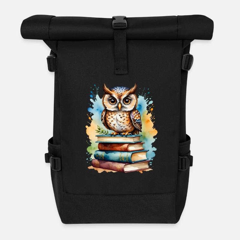 Büchereule bunt Aquarell - Rolltop Rucksack - Schwarz
